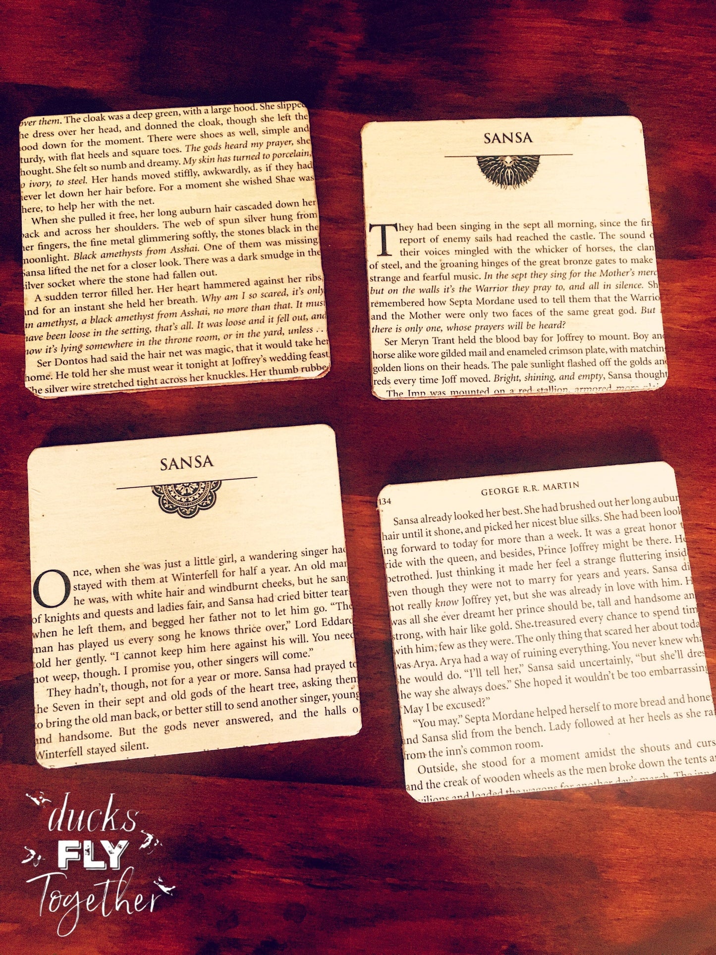 Pack of 4. Game of Thrones recycled book Coasters. GOT fan gift. Stark present. Jon, Bran, Sansa, Arya. Lannister. Jaime. Cersei. Tyrion.