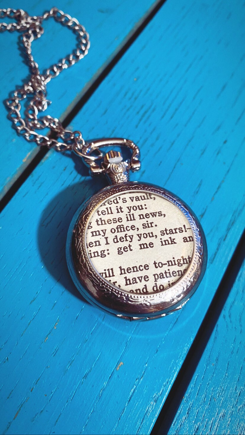 Recycled Shakespeare Page Pocket Watch. Book lover. Theatre. Actor. Gift for him. Gift for dad. Romeo and Juliet. Hamlet. Midsummer Nights.