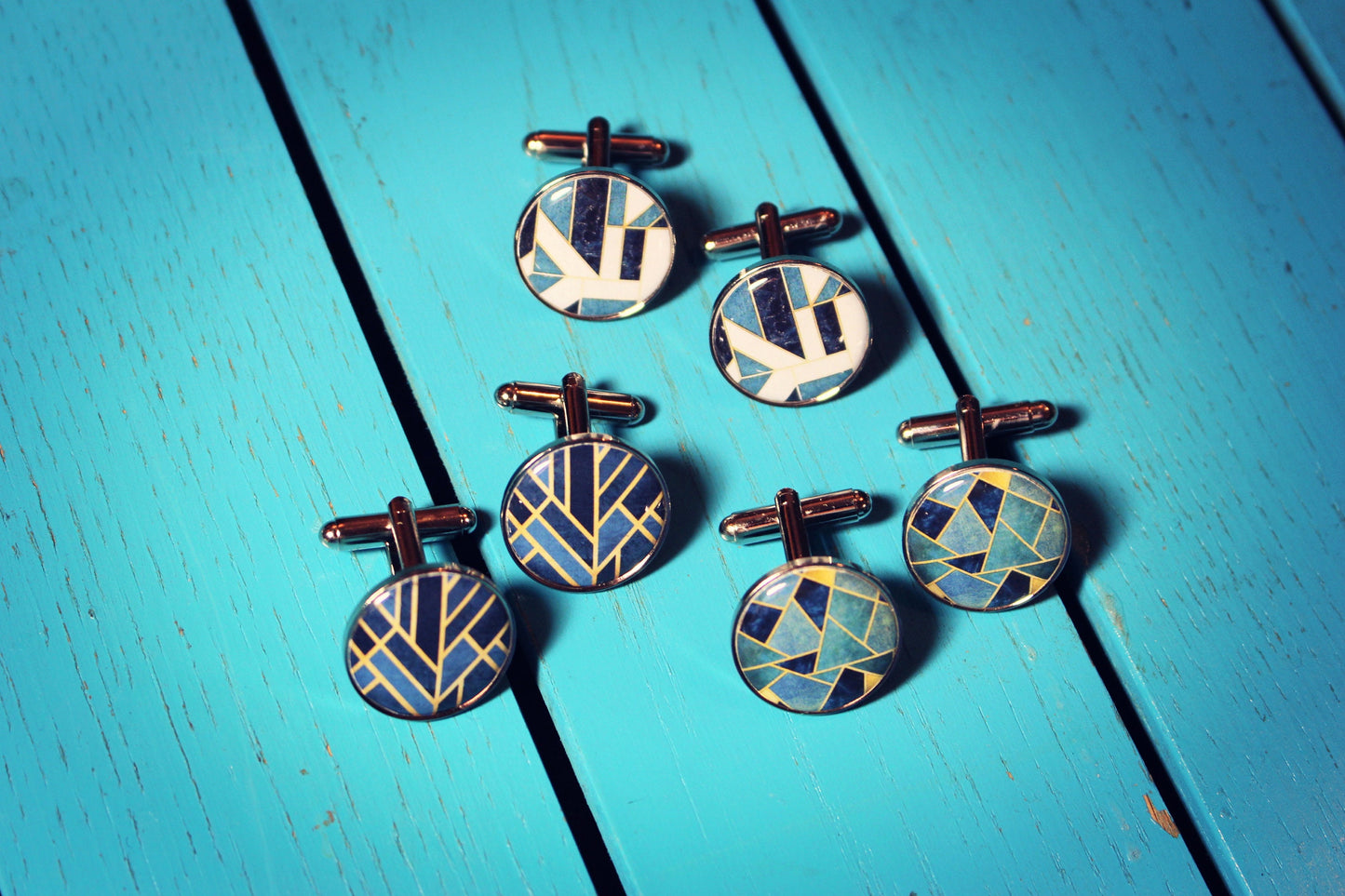 Geometric Cufflinks. Modern Stylish Wedding Cufflinks. Contemporary Art. Any Artwork on male jewellery. Tie Bar Pocket Watch. Blue Abstract
