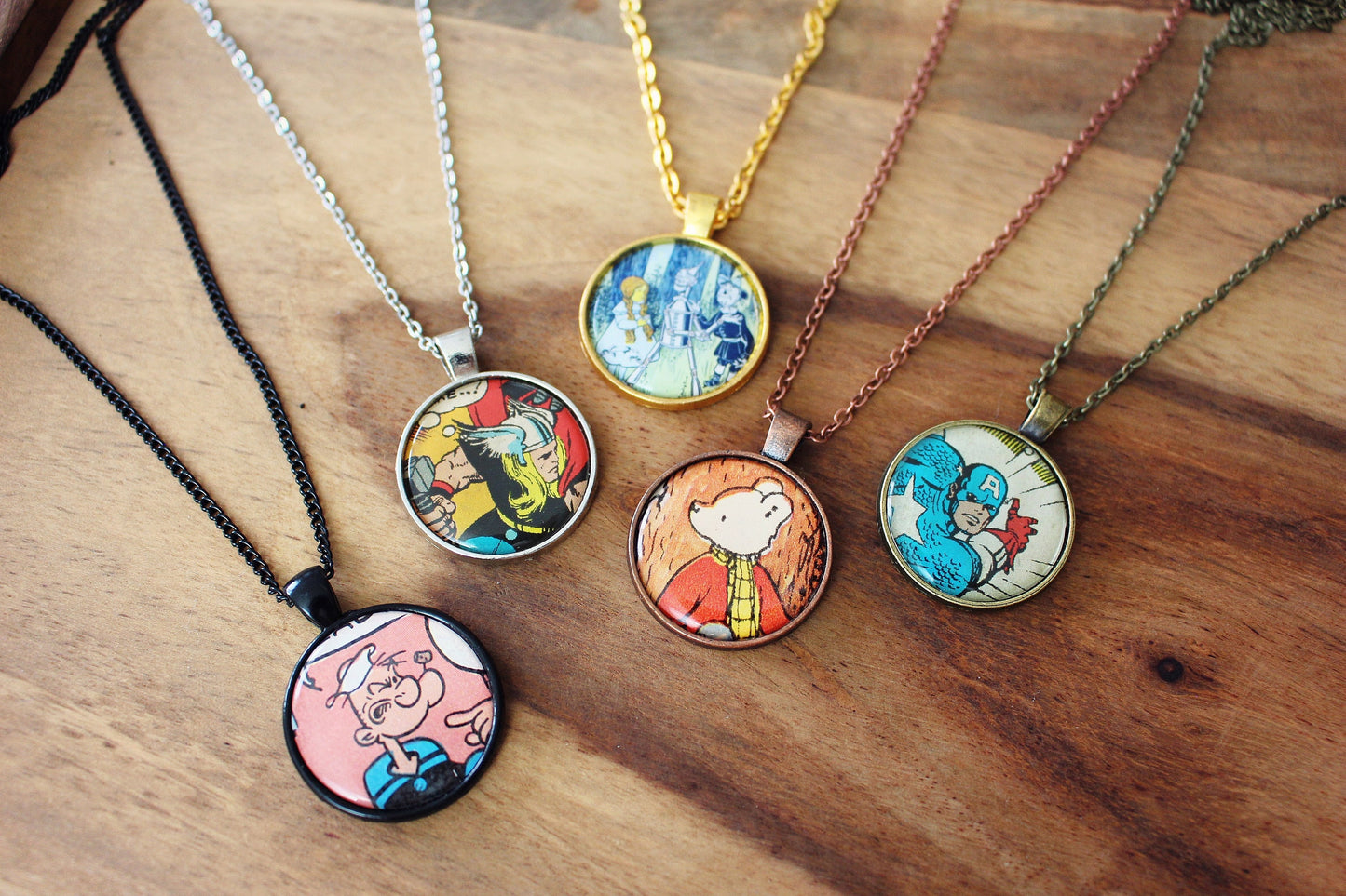 Comic Book Necklaces. Recycled cartoon pendants. Superhero jewellery. Book Page Gift. 80s 90s Retro Gift. Nostalgic accessories. Upcycled.