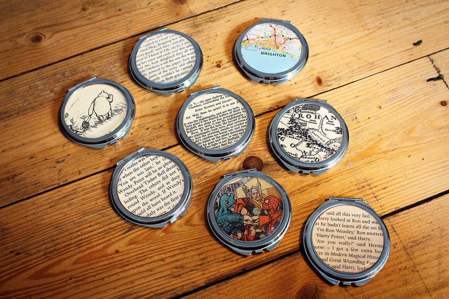 Recycled Book Page Compact Mirrors. Comic Book Illustrations. Bridesmaid Gift. Personalised Pocket Mirror. Mothers Day Gift. Gift for Mum.