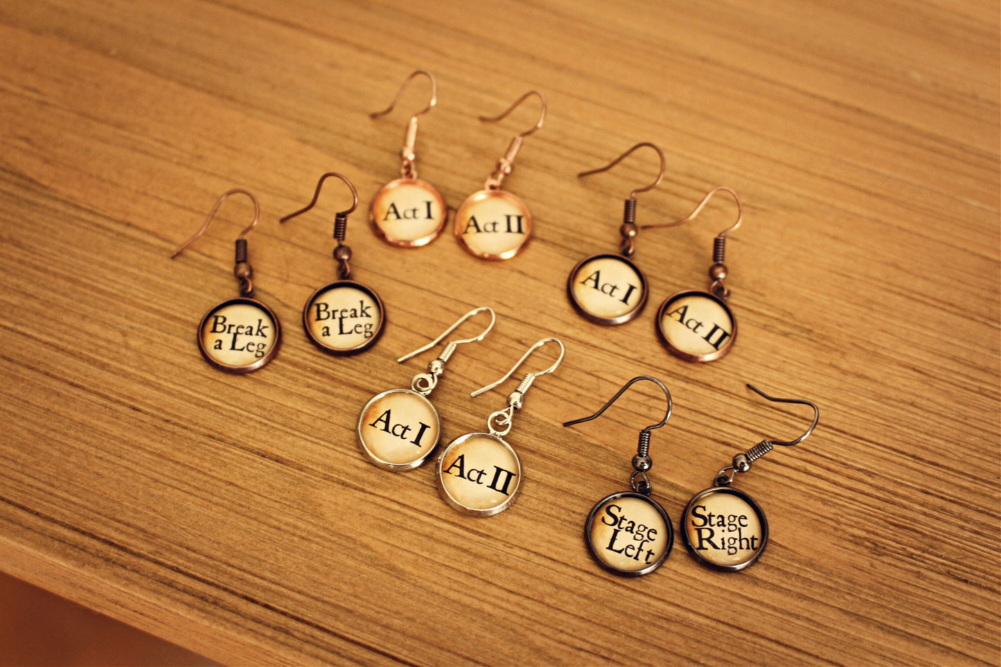 Theatre earrings. Act I & Act II. Shakespeare jewellery. Vintage paper design. Thespian. Actor. Actress. Musical theatre. Drama student.