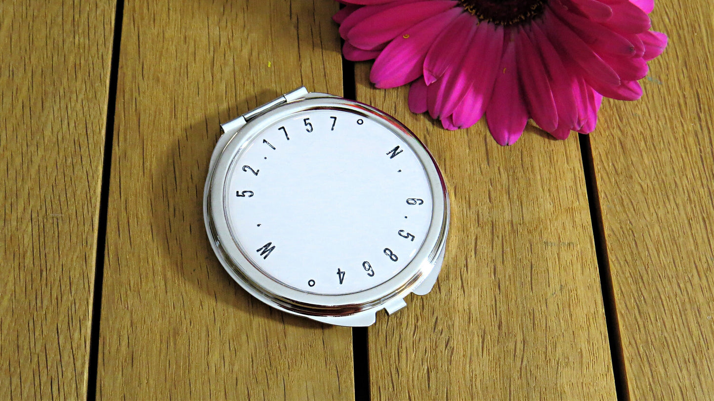Personal Coordinates Compact Mirror. Special Place Gift. Favourite location Pocket Mirror. First Kiss. Mothers Day Gift. Gift for Mum.