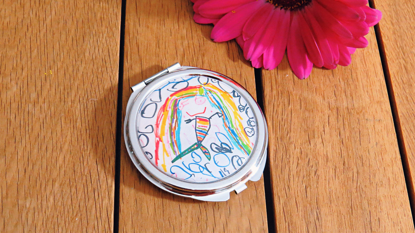 Kids Artwork Compact Mirror. Your Childs Drawing / Painting Pocket Mirror. Personalised Gift for Mum. Children Art Mothers Day Gift.