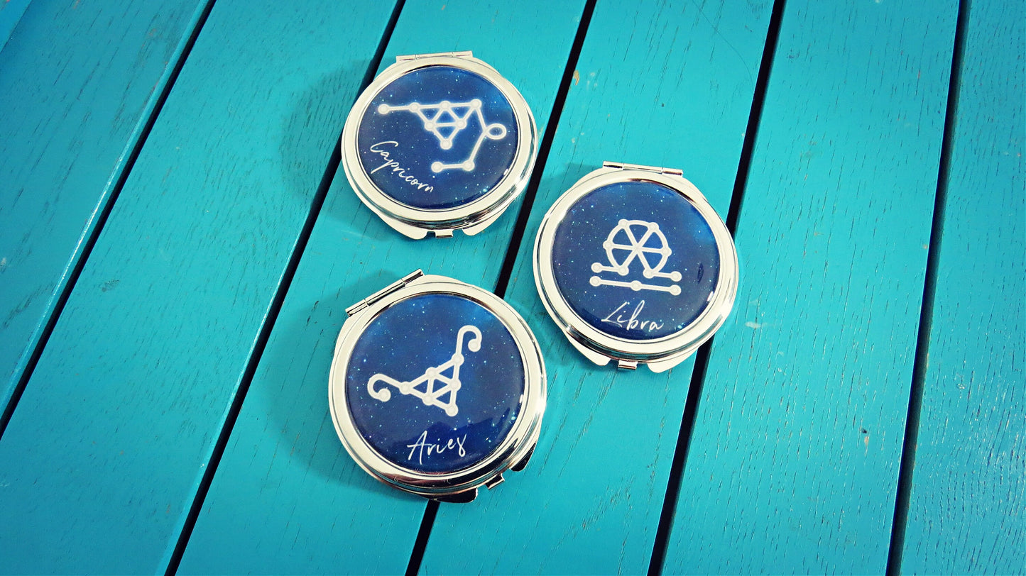Horoscope Compact Mirror. Zodiac Sign Pocket Mirror. Star Sign Gift. Astrology Libra Sagittarius Aquarius Virgo Taurus