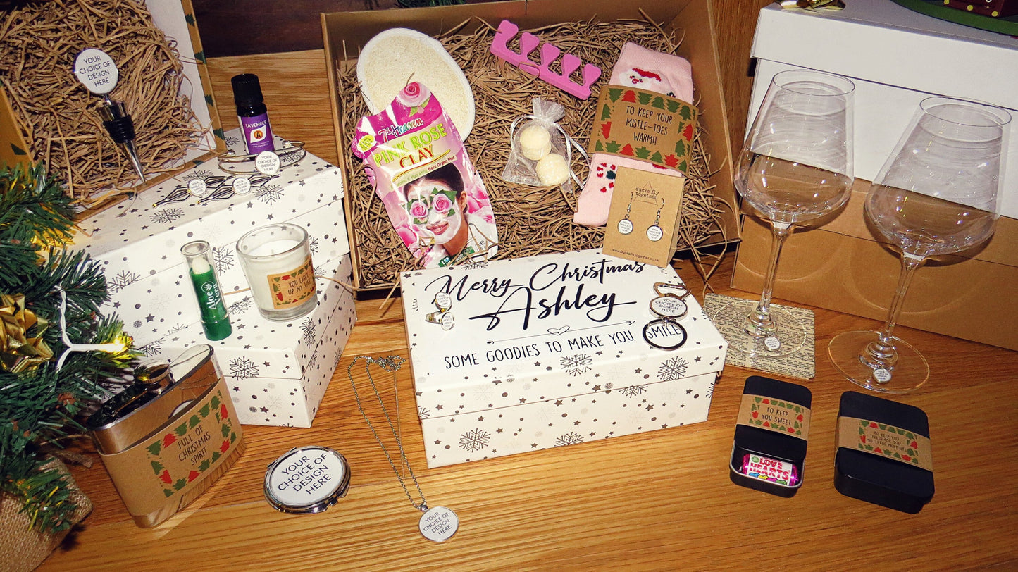 Christmas Gift Box for Her Filled Xmas hamper for women Jewellery Wine Charms Festive socks Personalised presents girlfriend wife sister mum