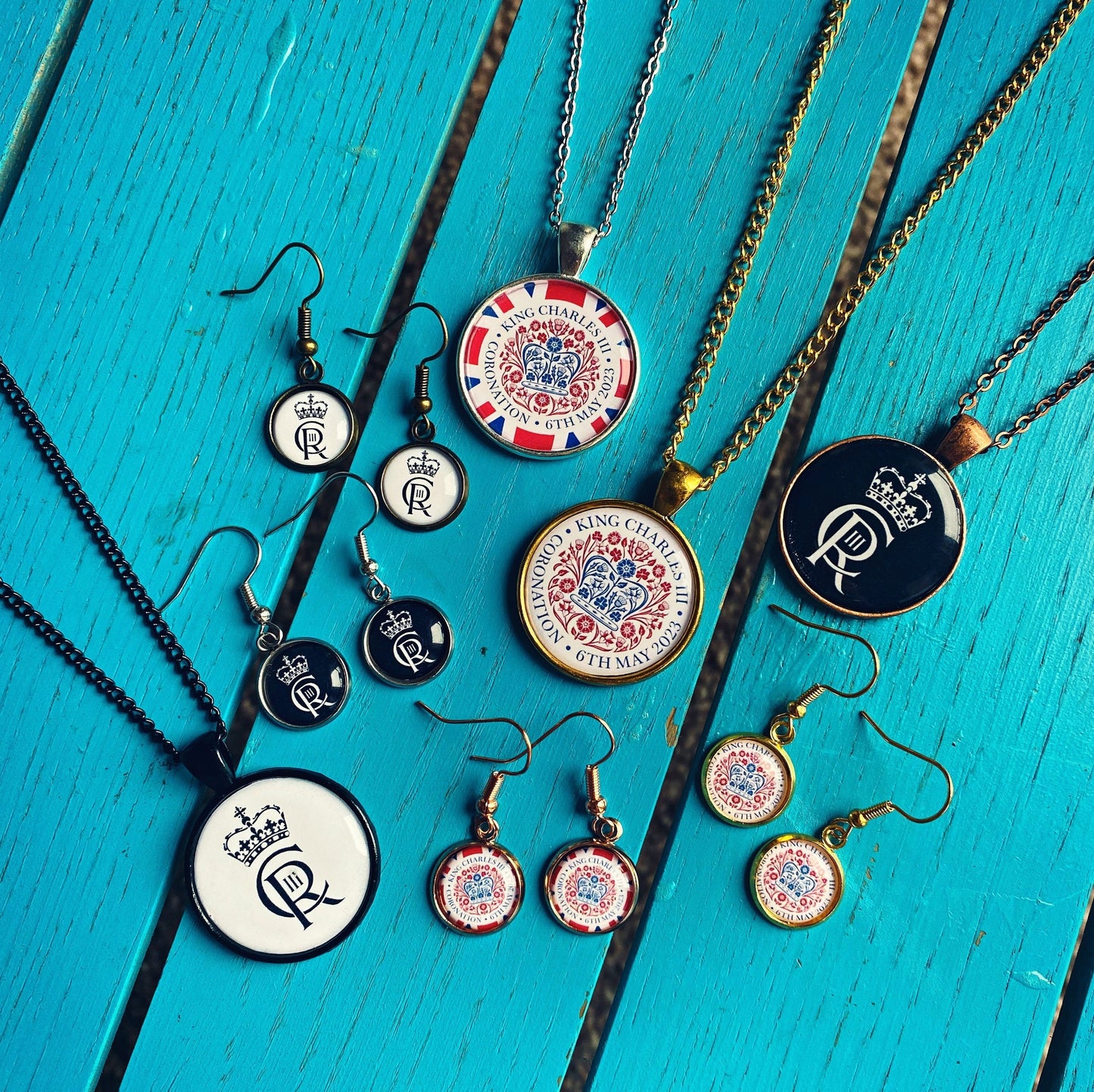 Coronation Jewellery. King Charles III Royal Cypher Necklace. British Coat of Arms. Union Jack Earrings. Great Britain Street Party Outift