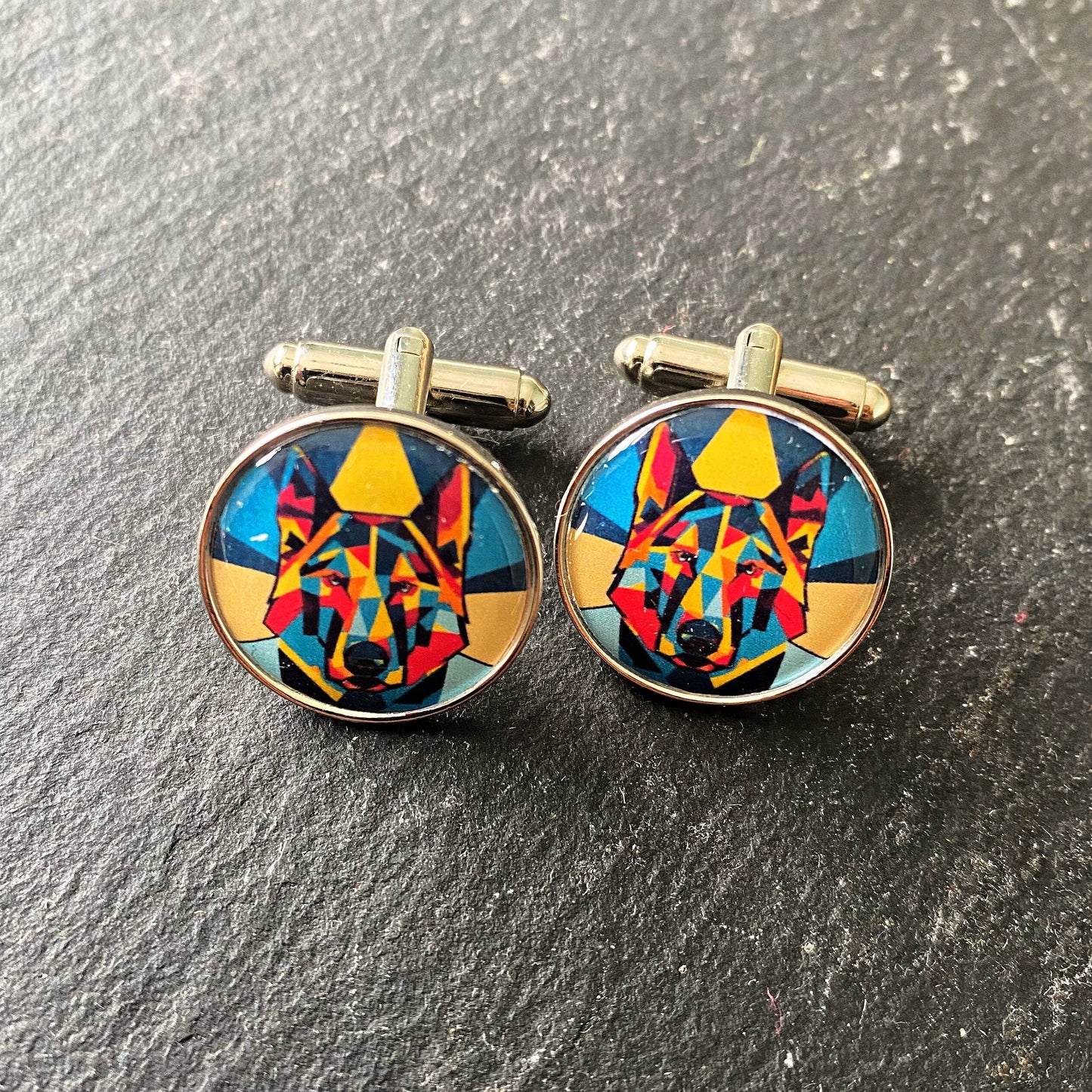 Geometric Pet Cufflinks. Dog gifts. Daschund. Labrador. Cocker Spaniel. German Shepherd. Pug. Golden Retriever. Bulldog. Colourful Groom.