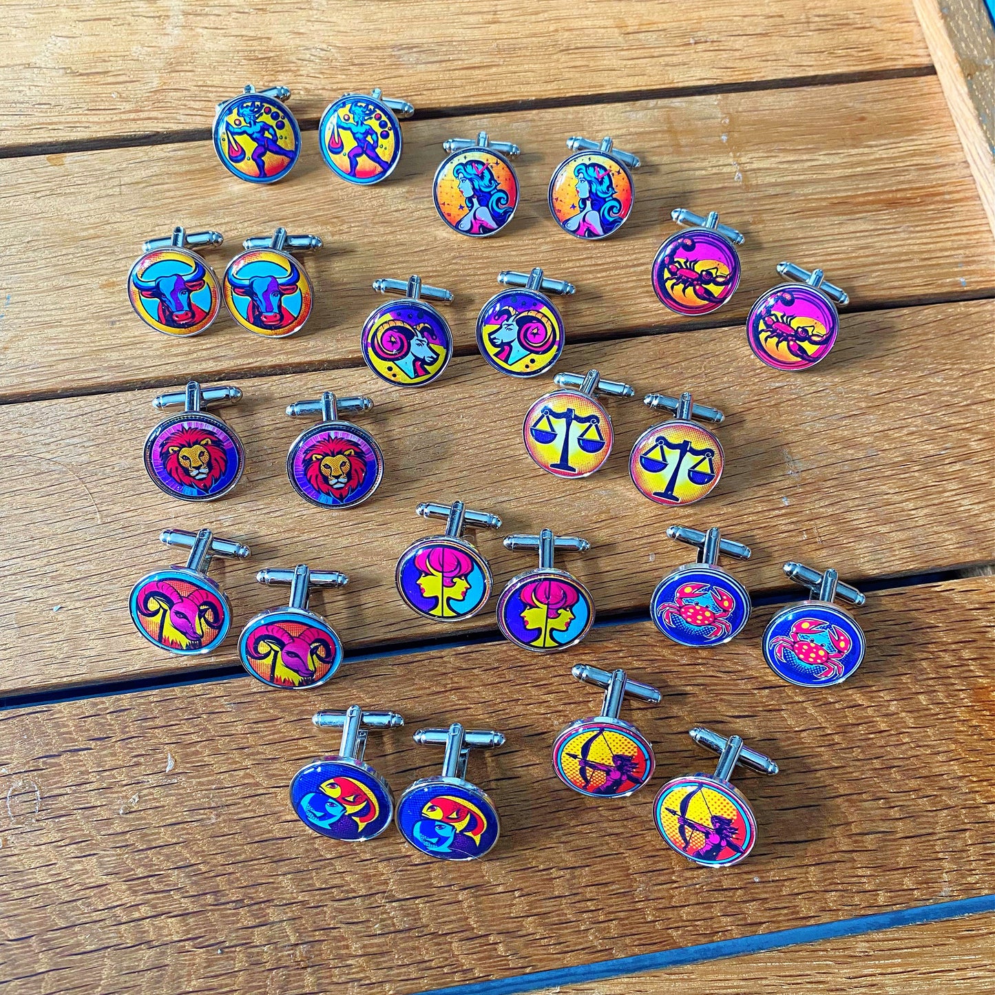 Horoscope Symbol Cufflinks. Zodiac Sign Jewellery. Astrology Gift. Pop Art Colourful Groom.Aries Leo Libra Cancer Virgo Pisces Gemini Taurus