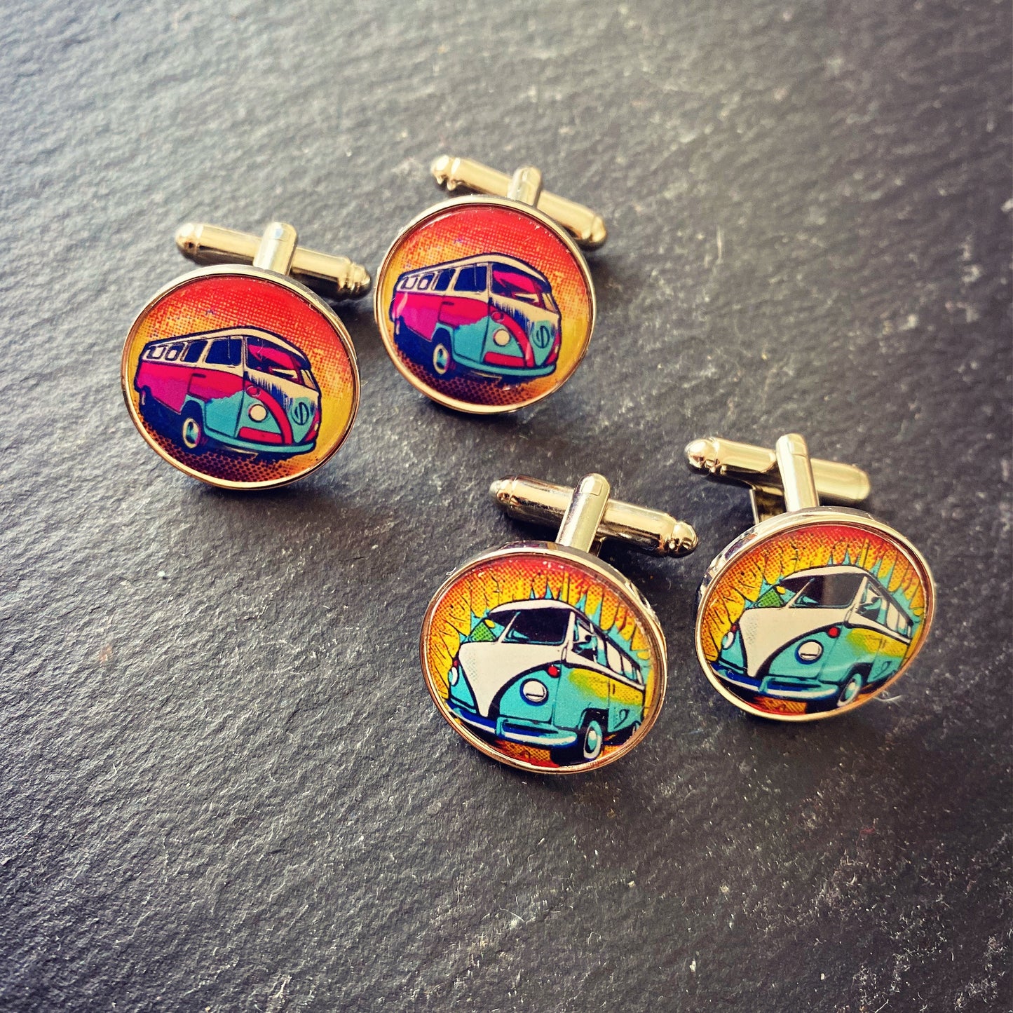 Camper Van Cufflinks. Vintage Sports Car Gift. Classic Car Lover. Pop Art Caravan Colourful VW Camper. Groom Cufflinks Tie Bar Pocket Watch.
