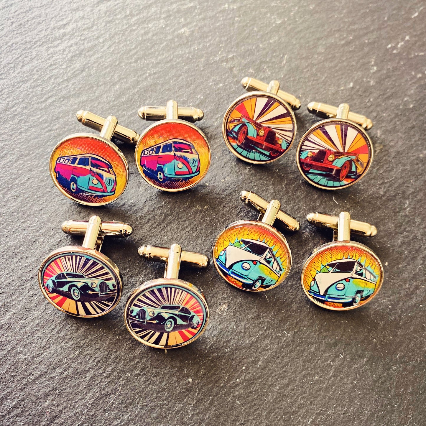 Camper Van Cufflinks. Vintage Sports Car Gift. Classic Car Lover. Pop Art Caravan Colourful VW Camper. Groom Cufflinks Tie Bar Pocket Watch.