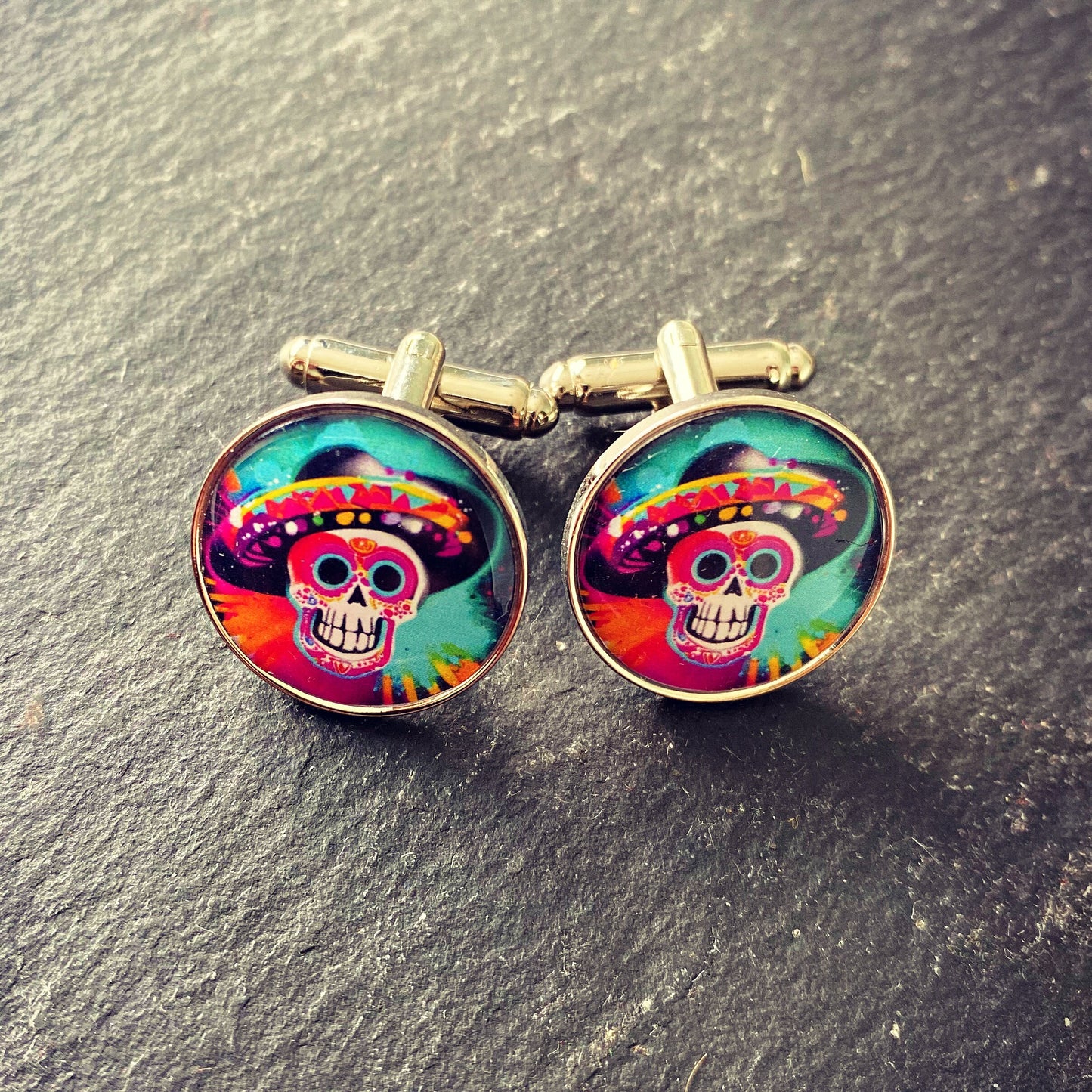 Day of the Dead Skull Cufflinks. Día de los Muertos Mexican Skull Colourful Pop Art Jewellery. Vibrant Bold Calaveras & Calacas. Sugar Skull
