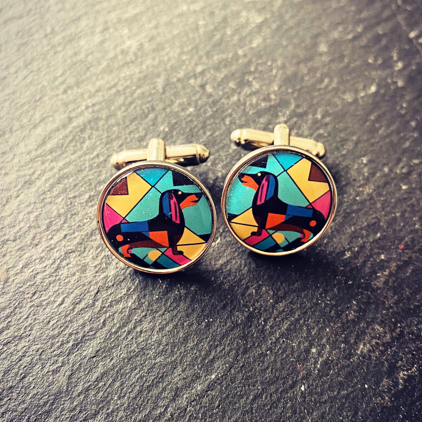 Geometric Pet Cufflinks. Dog gifts. Daschund. Labrador. Cocker Spaniel. German Shepherd. Pug. Golden Retriever. Bulldog. Colourful Groom.