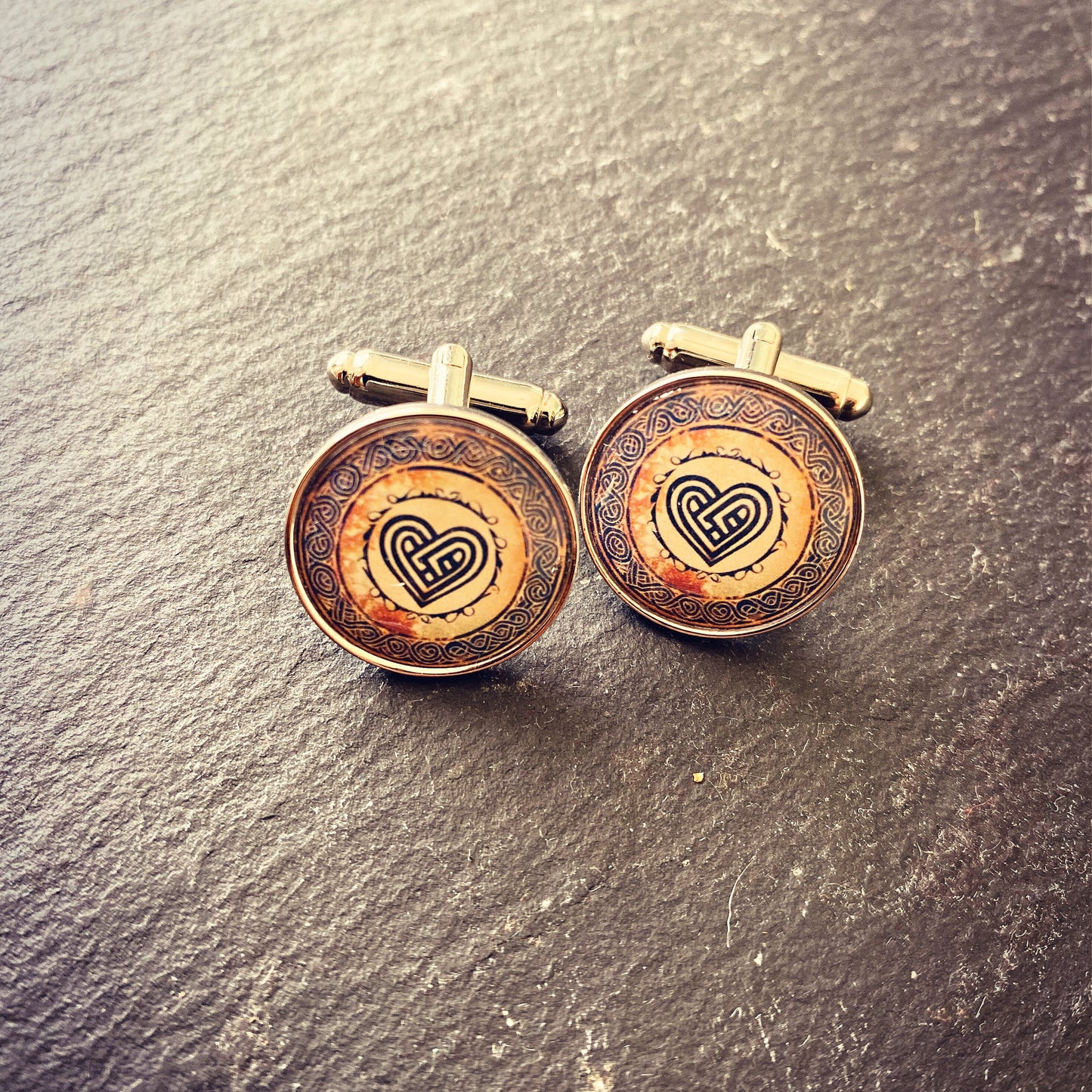 Celtic Symbol Cufflinks. Rustic Gaelic Scottish Irish Symbols. Custom Designed Mystical Jewellery. Celtic Cross. Celtic Knot. Celtic Heart.
