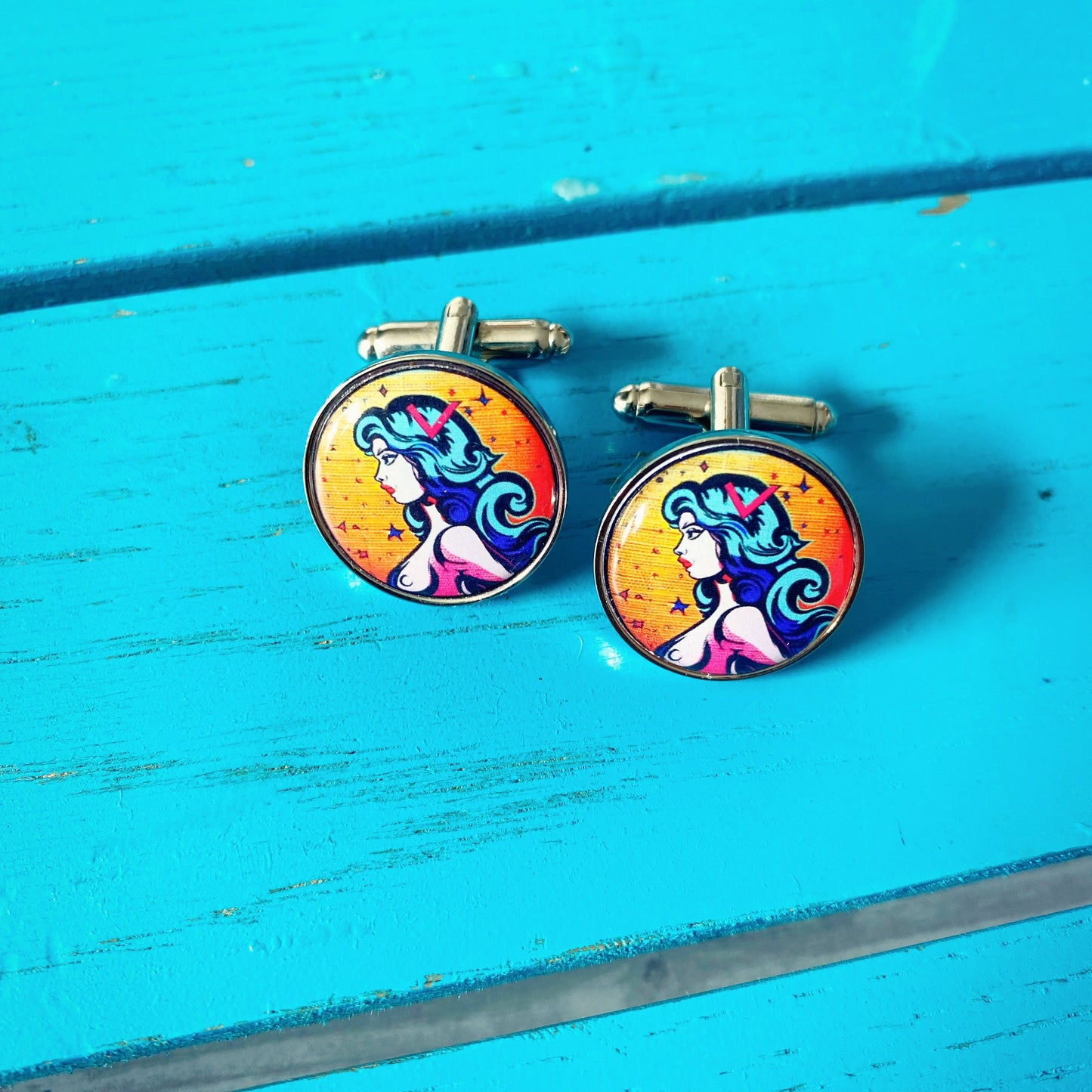 Horoscope Symbol Cufflinks. Zodiac Sign Jewellery. Astrology Gift. Pop Art Colourful Groom.Aries Leo Libra Cancer Virgo Pisces Gemini Taurus