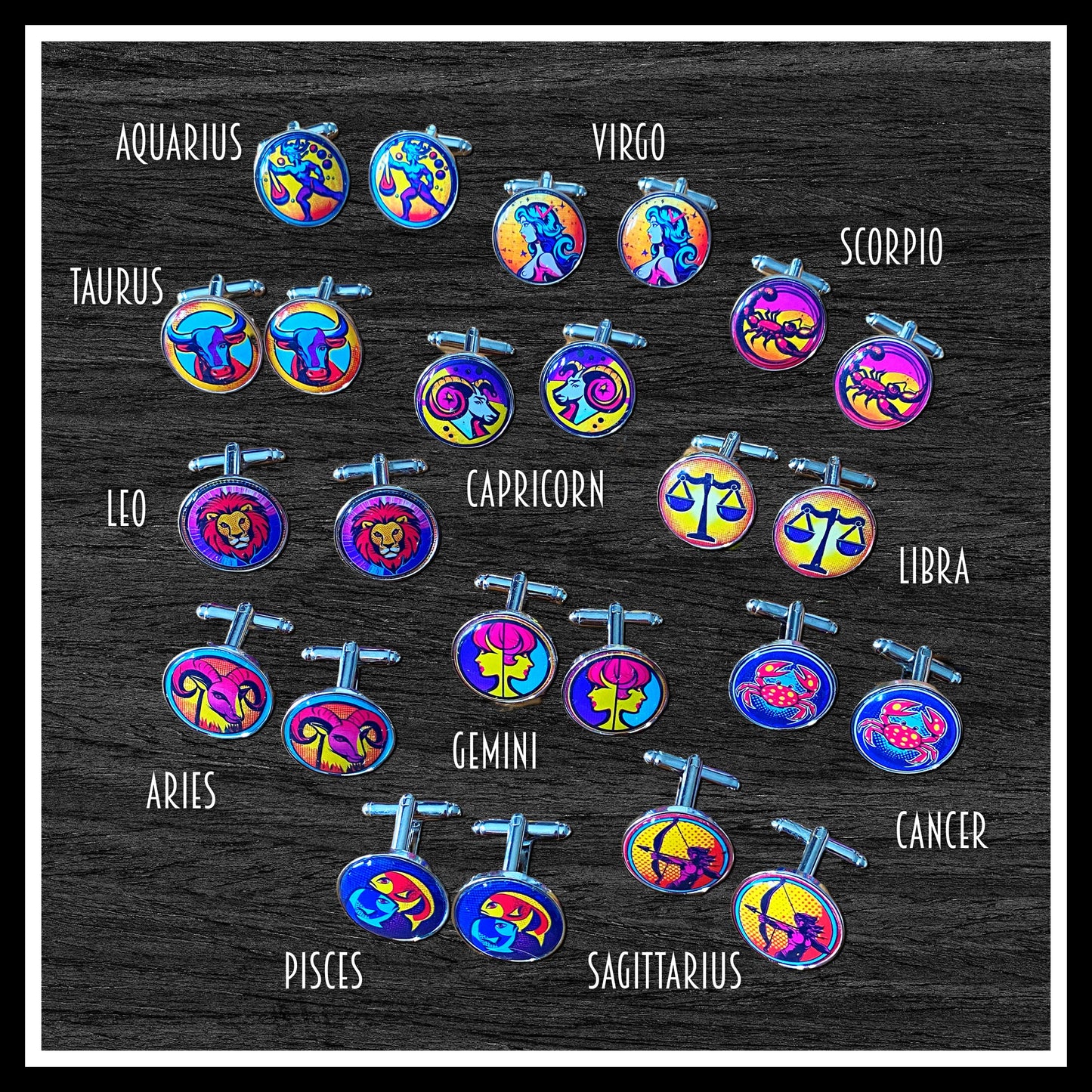 Horoscope Symbol Cufflinks. Zodiac Sign Jewellery. Astrology Gift. Pop Art Colourful Groom.Aries Leo Libra Cancer Virgo Pisces Gemini Taurus