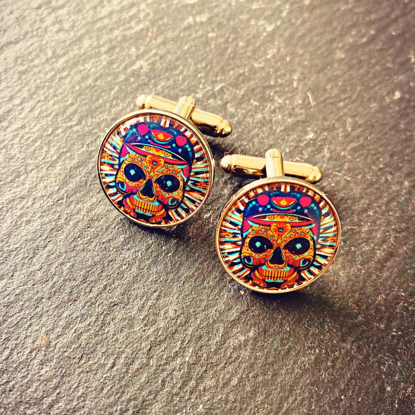 Day of the Dead Skull Cufflinks. Día de los Muertos Mexican Skull Colourful Pop Art Jewellery. Vibrant Bold Calaveras & Calacas. Sugar Skull