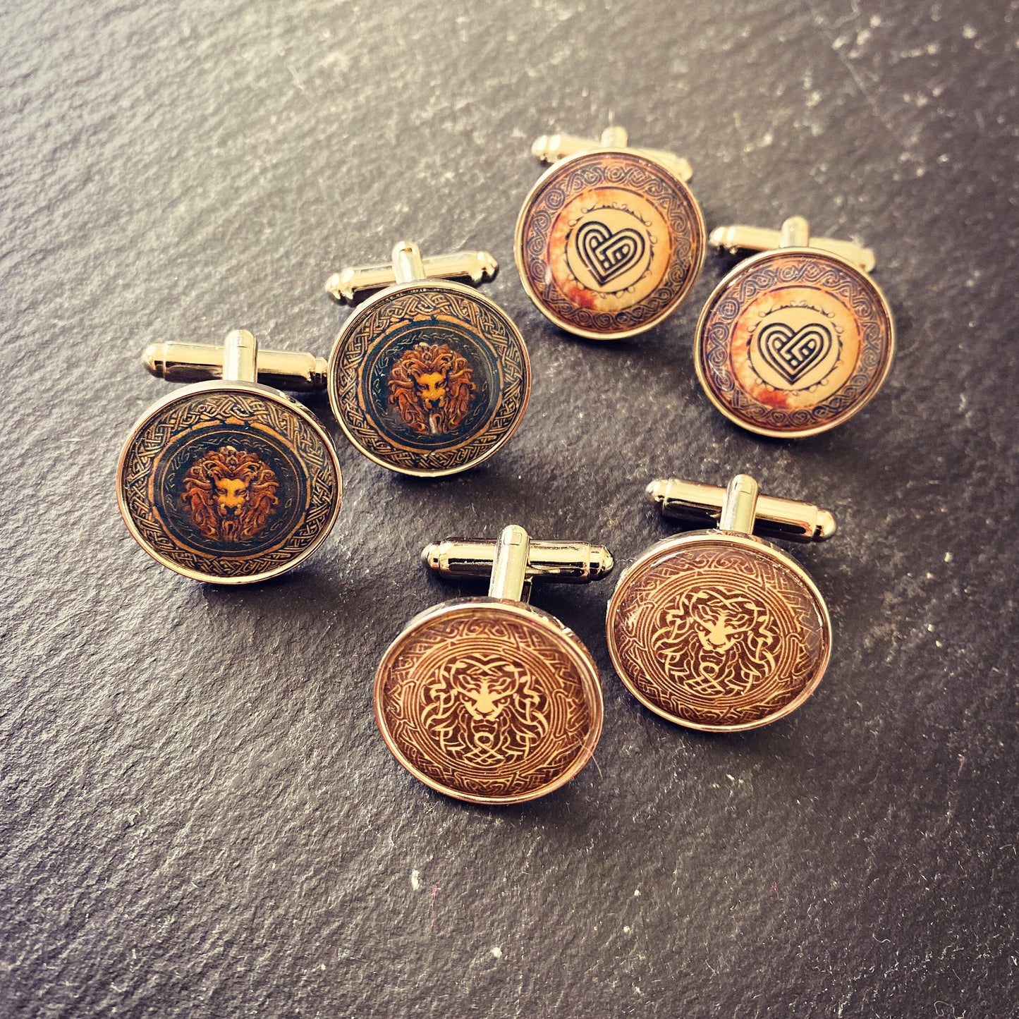 Celtic Symbol Cufflinks. Rustic Gaelic Scottish Irish Symbols. Custom Designed Mystical Jewellery. Celtic Cross. Celtic Knot. Celtic Heart.