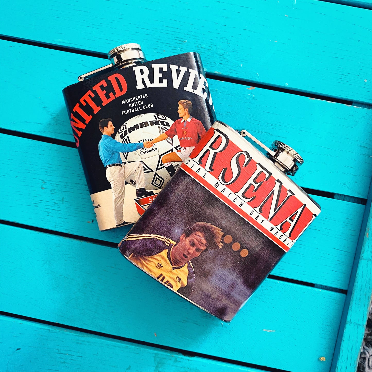 Vintage Football Programme Hip Flasks. Upcycled Football Gift. Groomsman Gift. Retro Football Gift for Dad. Unique Whiskey Present.