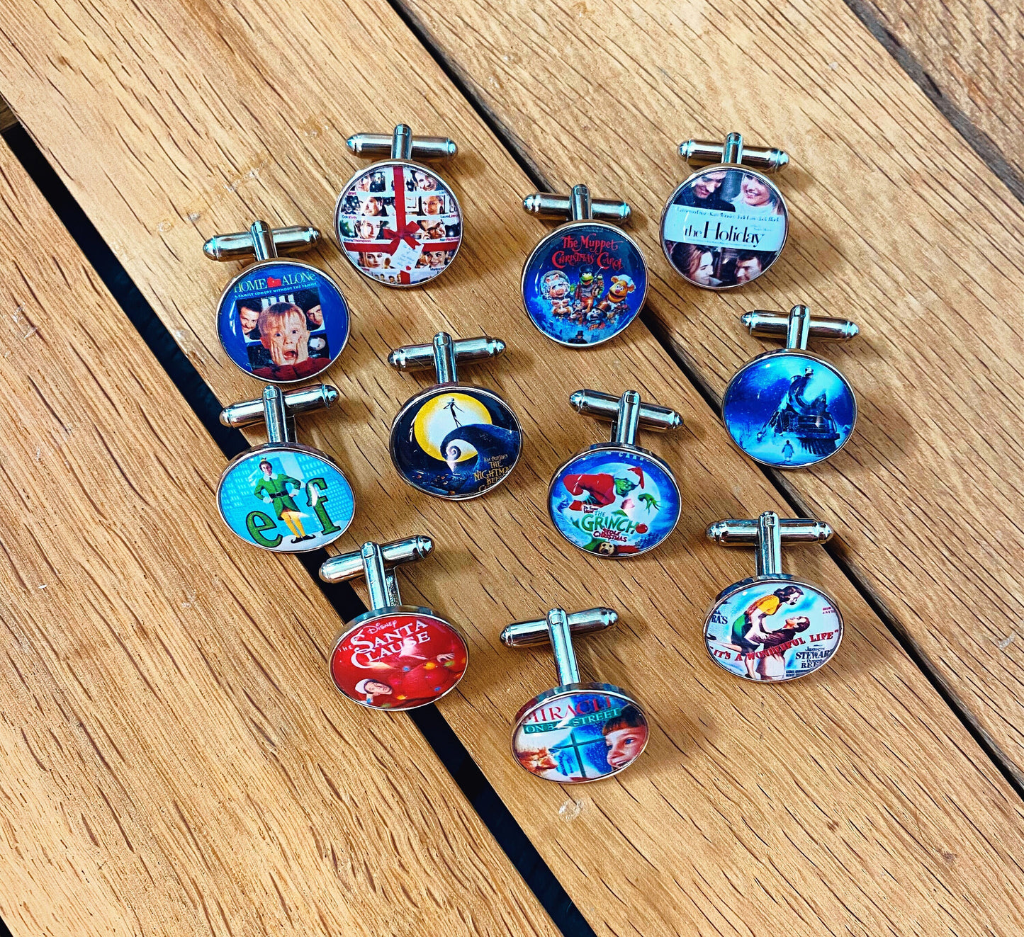 Christmas Movie Poster Cufflinks. Tie Clips. Pocket Watch. Holiday Film. Elf. Santa Clause. Grinch. Home Alone. It's a Wonderful Life.