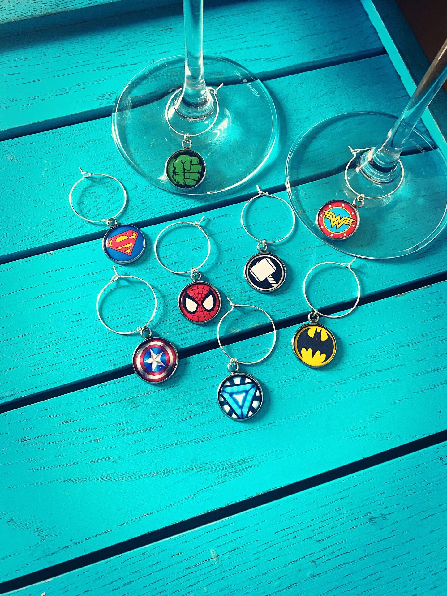 Superhero Wine Charms. Comic Book Logo. Superheroes Party. Personalised Wine Glass Gift. Christmas Alcohol Present.