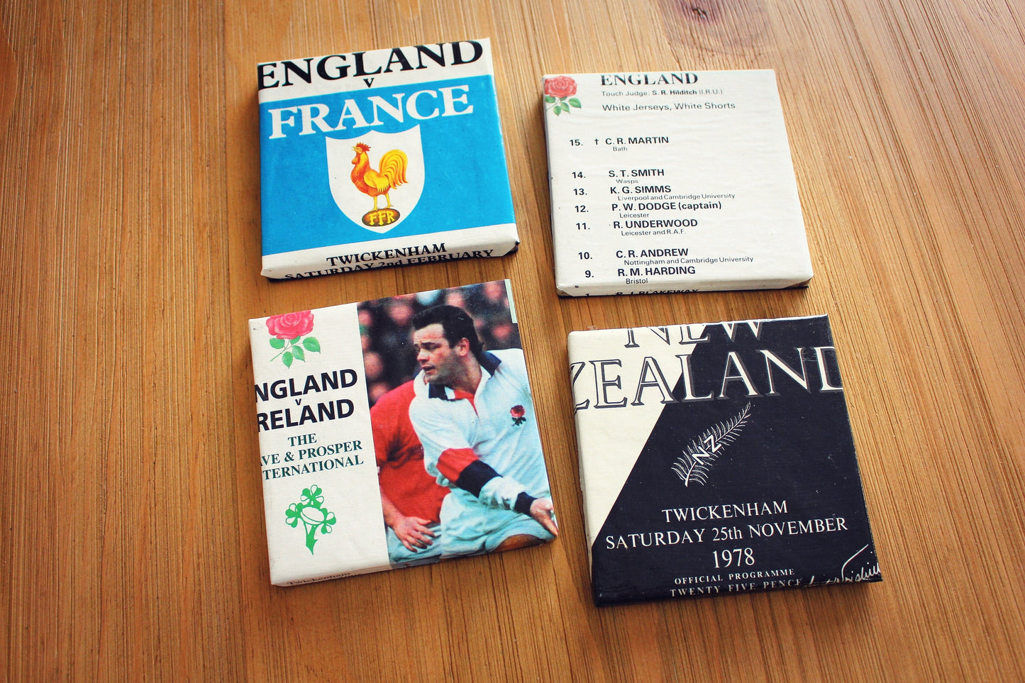 Upcycled Rugby Programme Coasters. Vintage Rugby Gift Unique Memento Iconic sports events match. World Cup Final Six Nations Rugby Lover