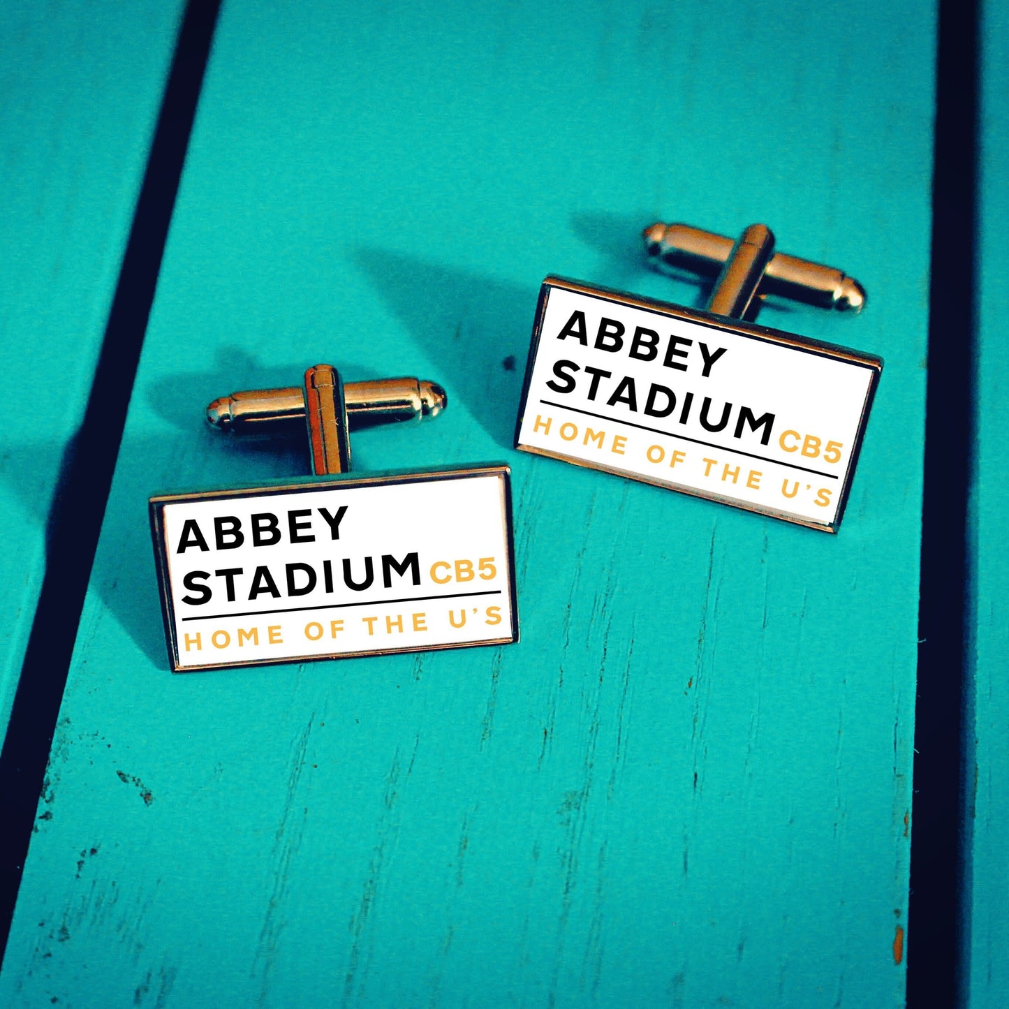 Cambridge United Football Stadium Cufflinks. Abbey Stadium. Gift for U's Fan. Road Sign Tie Bar. Personalised Street Name.