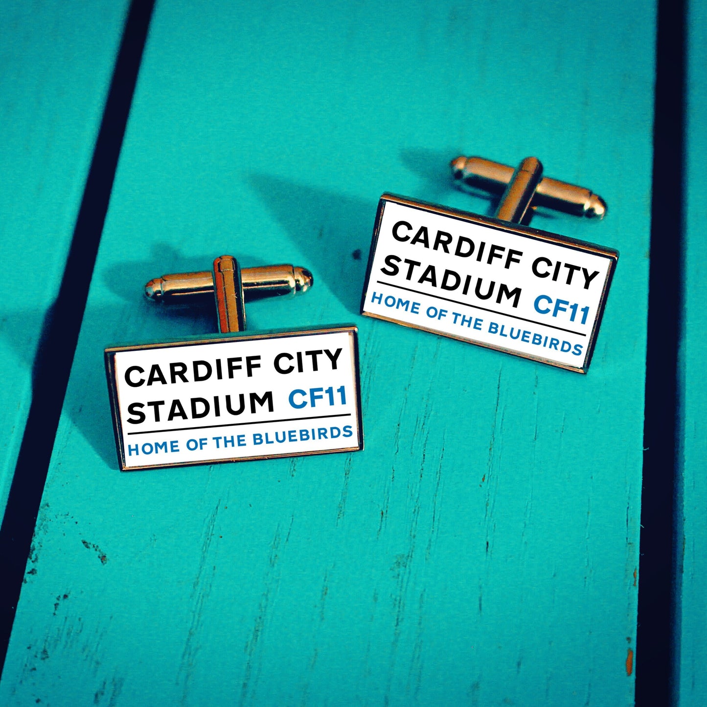 Cardiff City Football Stadium Cufflinks. Gift for Bluebirds Fan. Road Sign Tie Bar. Personalised Street Name. Christmas. Welsh. Wales.