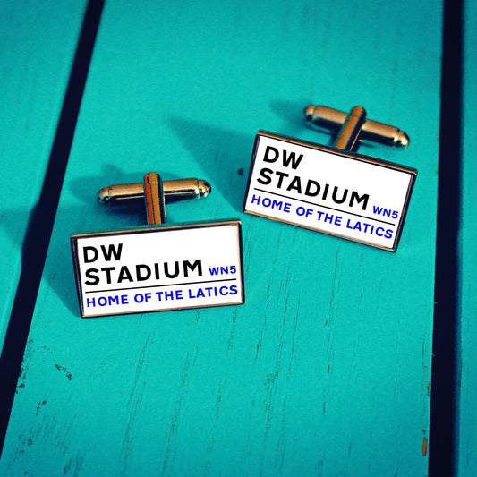 Wigan Athletic Football Stadium Cufflinks. DW Stadium. Gift for Latics Fan. Road Sign Tie Bar. Personalised Street Name. Christmas