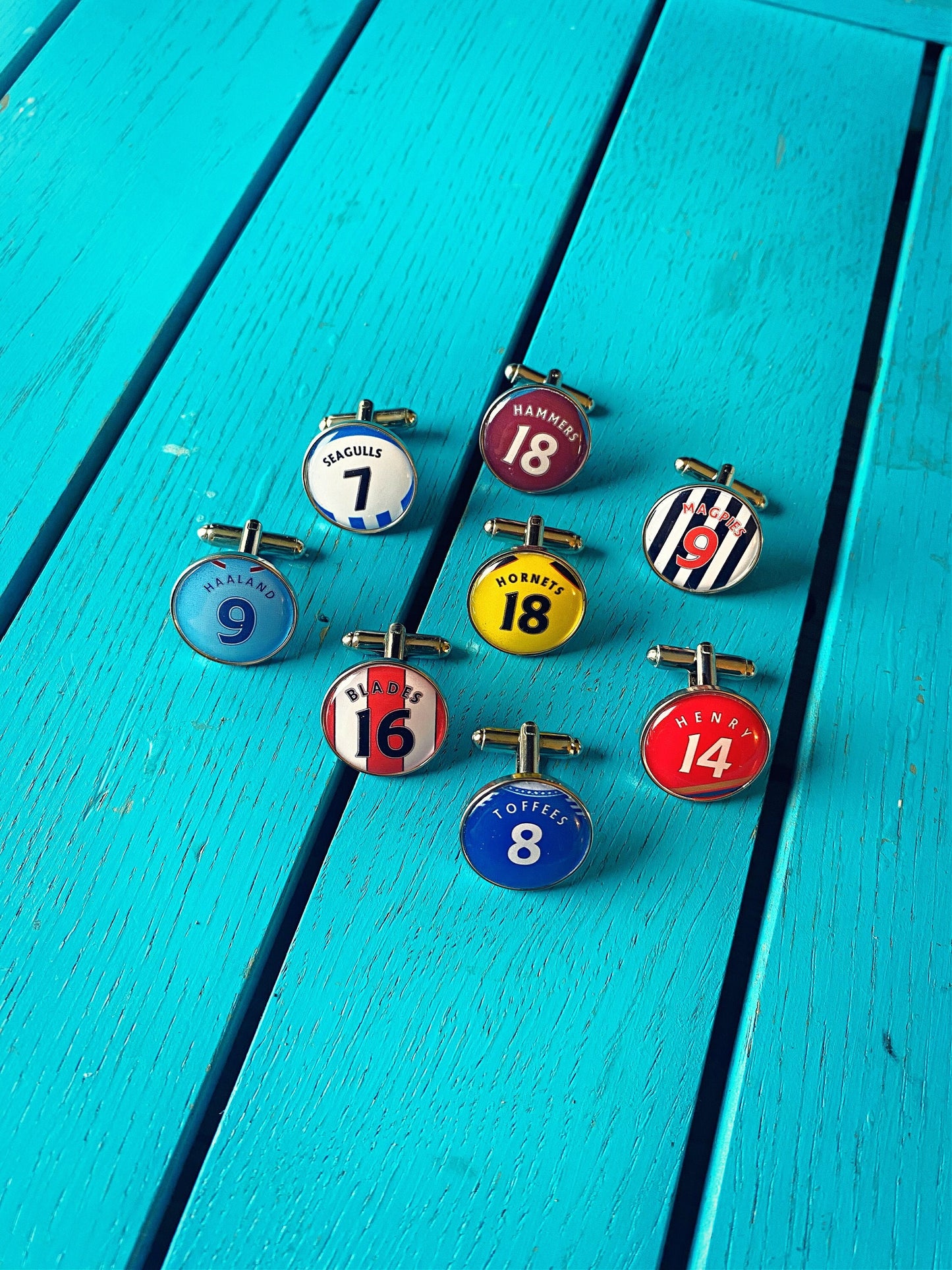 Football shirt cufflinks. Personalised name and number. Favourite player/ Your name. Premier League. Arsenal. Liverpool. Man Utd. Spurs.