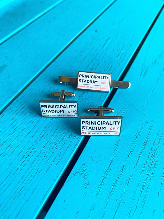 Wales Rugby Stadium Cufflinks. Principality Stadium. Gift for Welsh Rugby Fan. Road Sign Tie Bar Personalised. Christmas. Bread of Heaven.