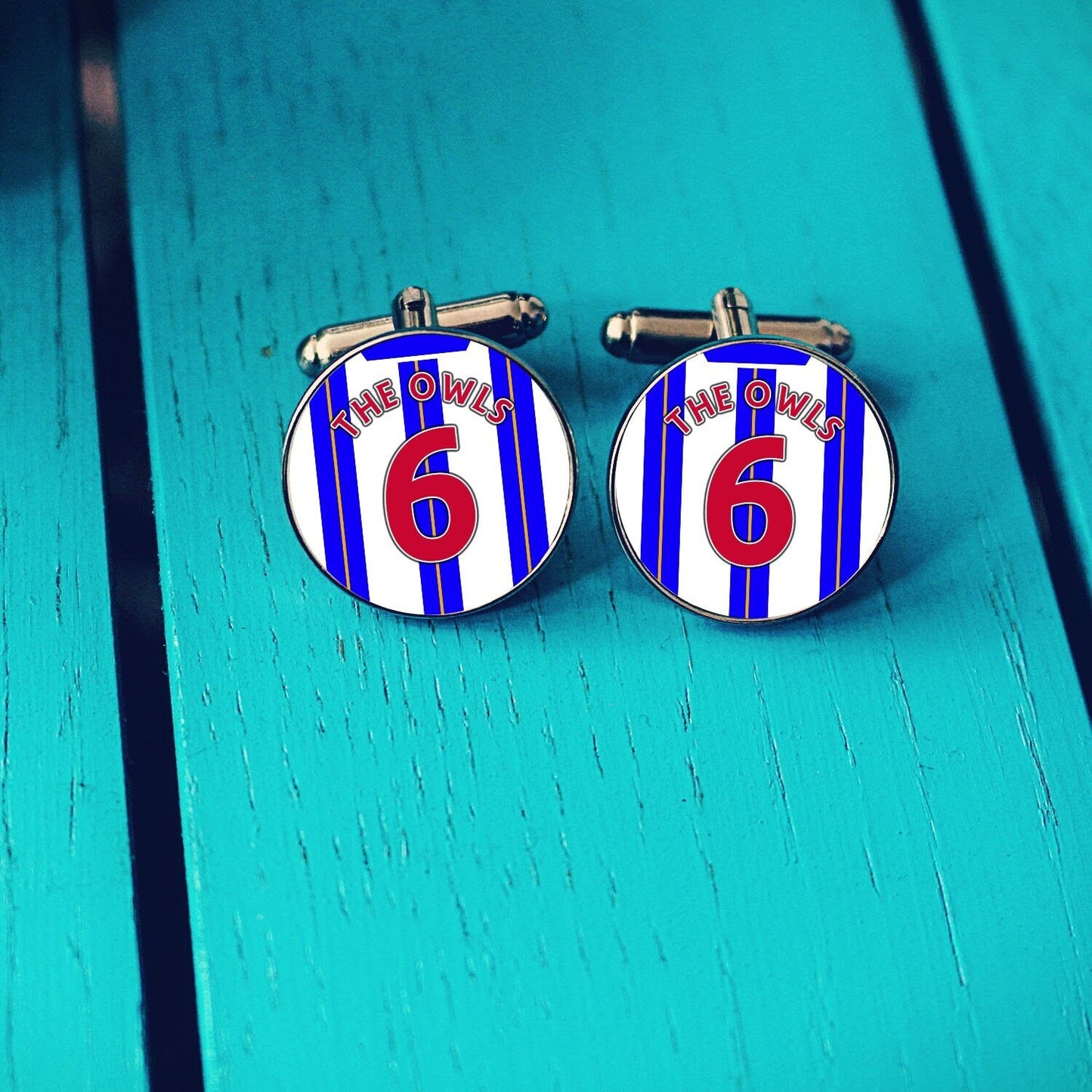 Sheffield Wednesday Football Shirt Cufflinks. Hillsborough Stadium. Gift for Owls Fan. Road Sign Tie Bar Personalised Name and Number