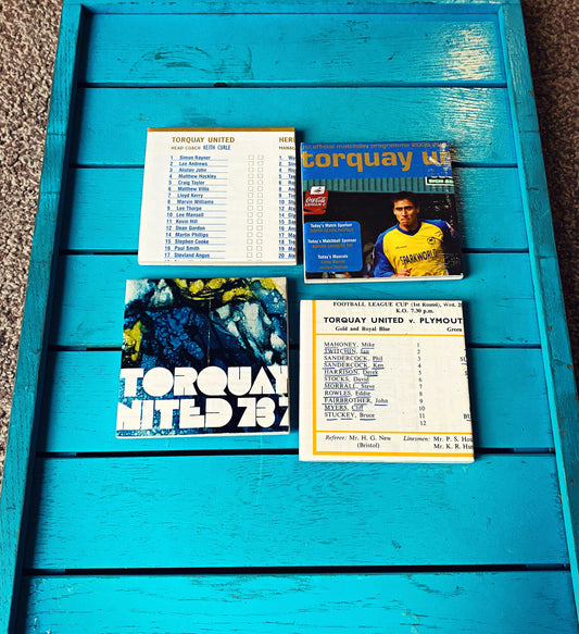 Vintage Torquay United Football Programme Coasters. Upcycled Football Gift. Man Cave Home Decor. Retro Football Gift for Dad.