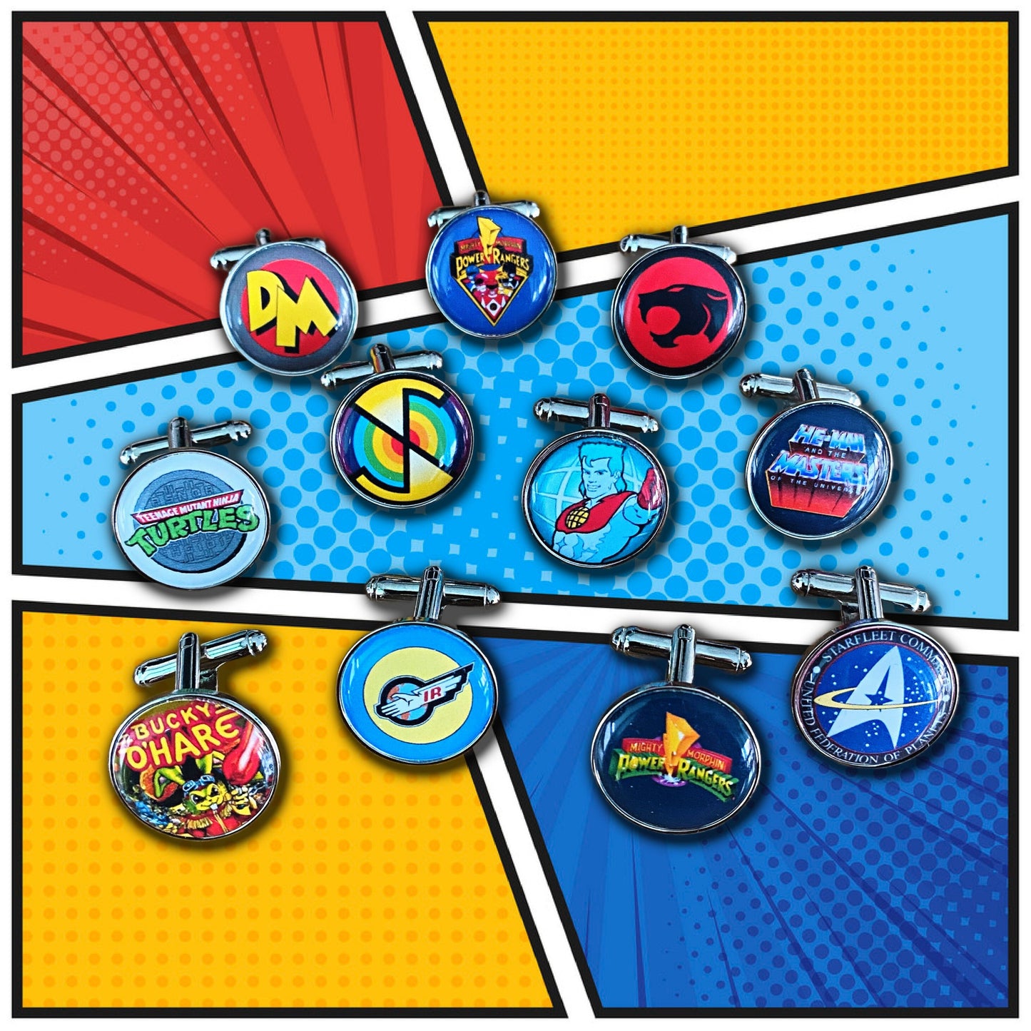 Retro TV Show Cufflinks. Vintage Cartoon. 80s 90s Superhero logo. Groomsmen Cufflinks. Novelty Wedding Gift. Film Movie Lover. Pocket Watch.