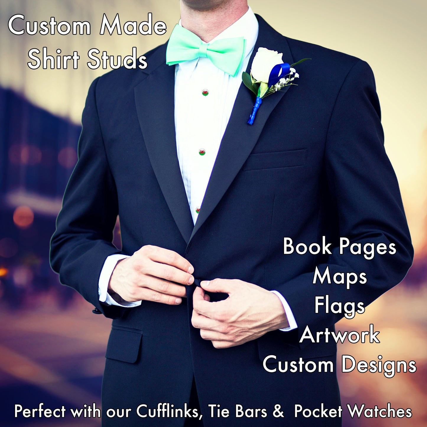 Flag Shirt Studs. Dress Shirt Buttons. Custom made personalised flags. Groom Suit. Wedding Shirt. Classic attire. White Tie Black Tie Tuxedo