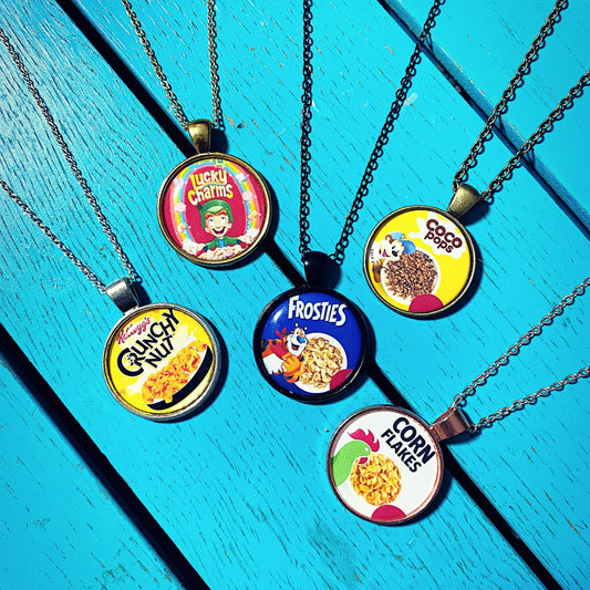 Retro Cereal Box Necklace. Breakfast Cereal Characters. Lucky Charms. Novelty Pendant. Funny Jewellery for her. Cereal Earrings.