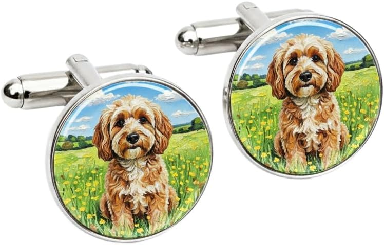 Cavapoo Dog Cufflinks for Men | Unique Animal Artwork Accessory | Dog Lover Present | Handmade Gift Boxed Cufflinks | Illustrated Cavapoo Design | Gift for Birthday or Christmas