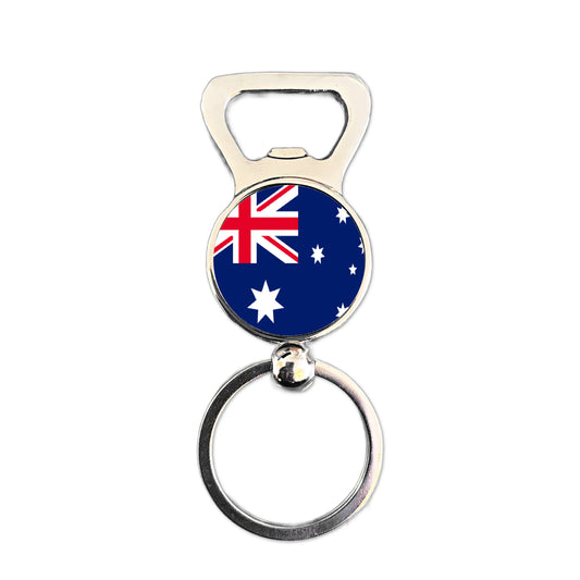 Australia flag bottle opener keyring – a patriotic Australian keepsake gift. Durable polished metal, practical and gift ready.