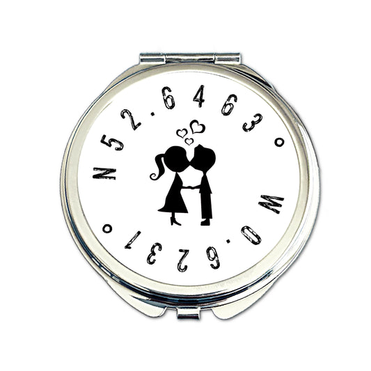 Personalised first kiss coordinates compact mirror where we met romantic gift for her