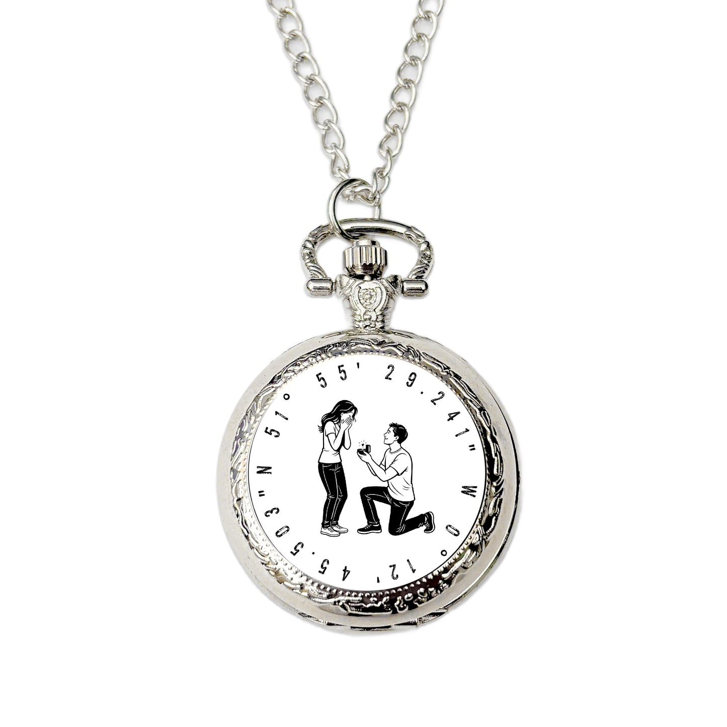 Personalised proposal coordinates pocket watch engagement location keepsake gift