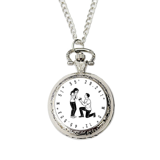 Personalised proposal coordinates pocket watch engagement location keepsake gift