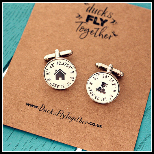 Special Places Cufflinks! Where we met! Where we fell in love. Where I graduated. Our first home. Graduation gift. Coordinates. GPS location