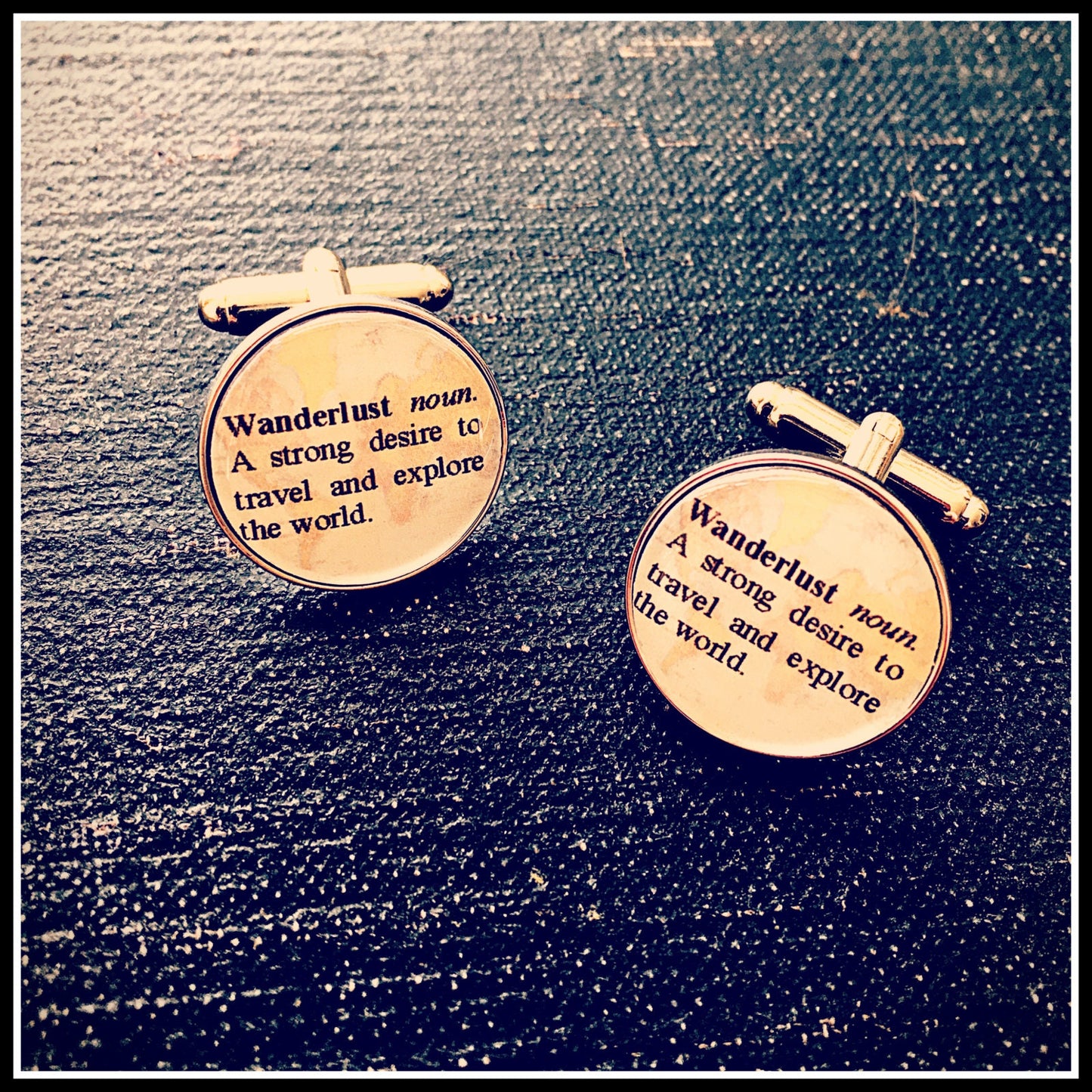 Wanderlust definition cufflinks. Gift for adventurer. World map. Wedding. Christmas gift for him/dad. Explorer. Personalised dictionary word