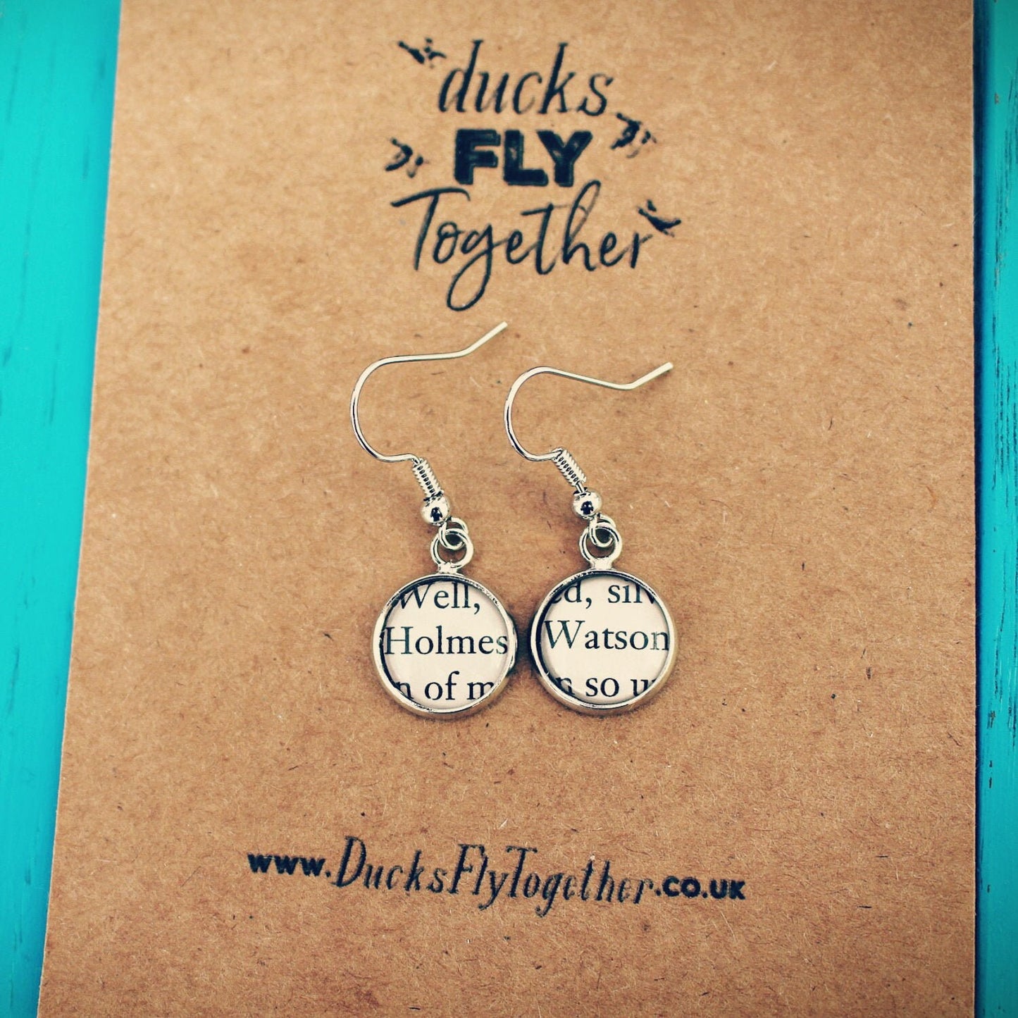 Sherlock Holmes Earrings. Recycled book page jewellery. Charity shop vintage book. Holmes and Watson. Book lover Literature Gift.