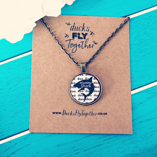 Mummy Shark - Daddy Shark Pendant. Necklace. Chain. Unique novelty design. Monochrome. Funny gift. Silly, fun present for mother. Baby Shark