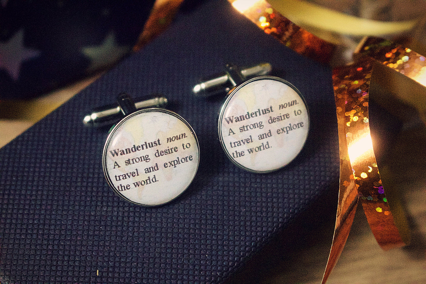 Wanderlust definition cufflinks. Gift for adventurer. World map. Wedding. Christmas gift for him/dad. Explorer. Personalised dictionary word
