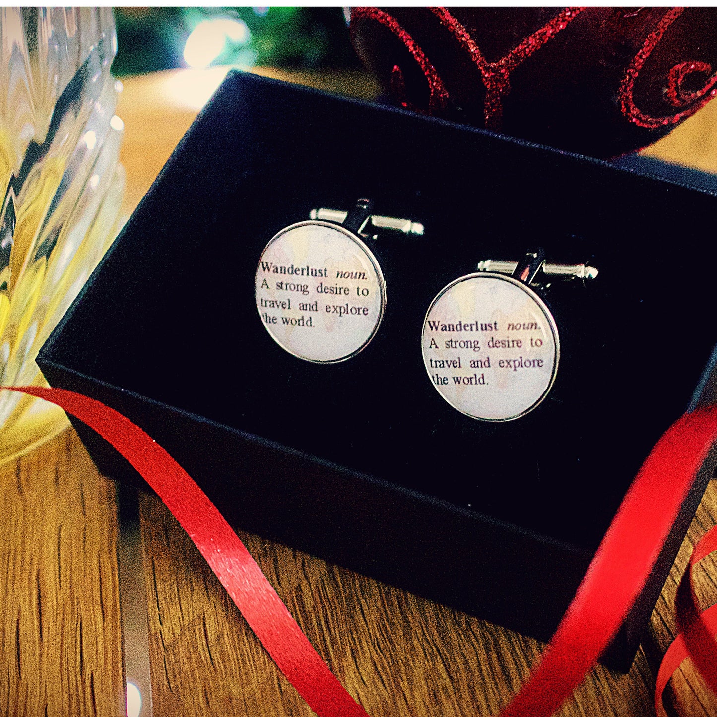 Wanderlust definition cufflinks. Gift for adventurer. World map. Wedding. Christmas gift for him/dad. Explorer. Personalised dictionary word