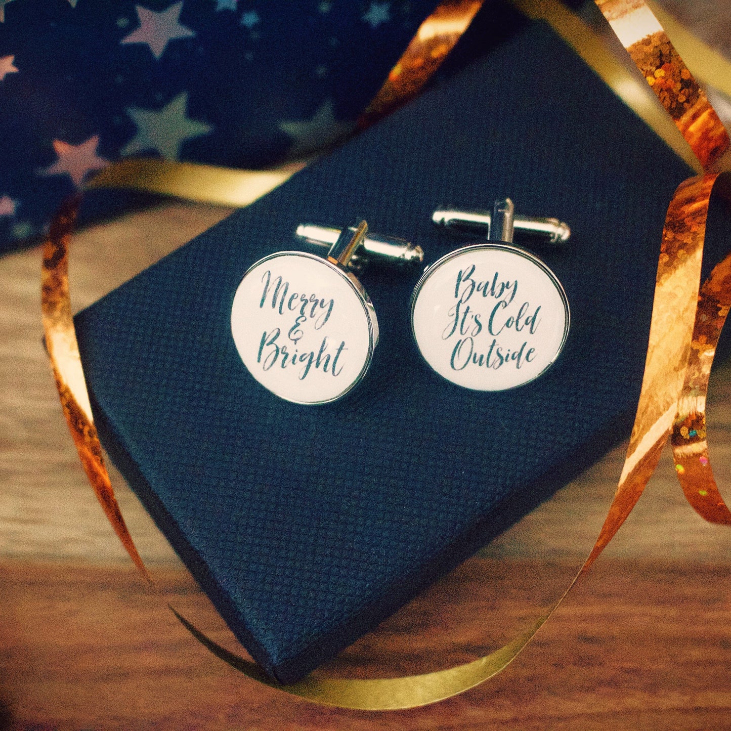Christmas Carol Cufflinks. Personalised Xmas party jewellery. Song lyrics. Jingle Bells. Silent Night. Let it Snow. Baby its cold outside