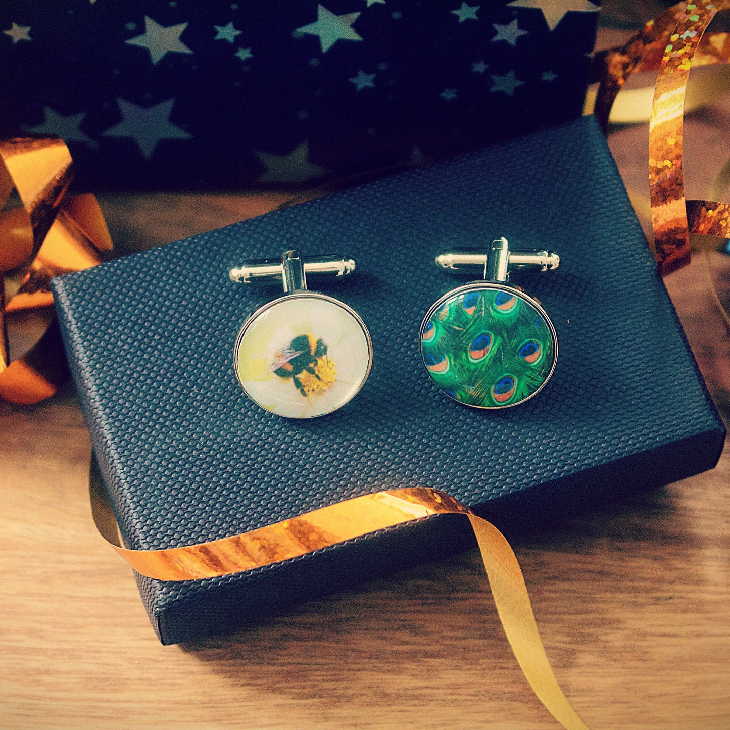 Nature Inspired Cufflinks. Zebra. Tropical Plants. Bees. Peacock feathers. Unique, personalised designs. Christmas gift for him. Vegan.