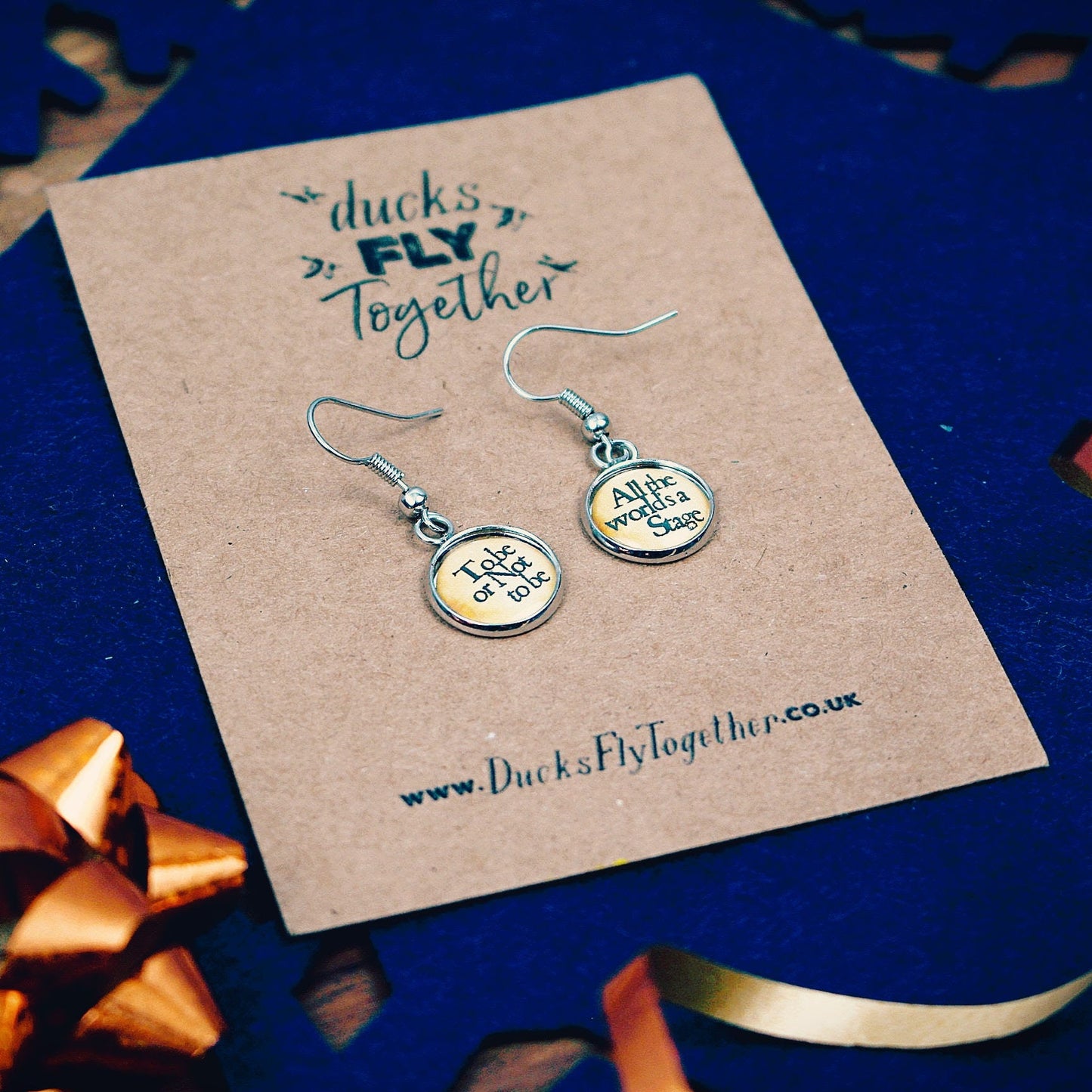 Shakespeare quotes earrings. Personalised. All the worlds a stage. To Be or Not To Be. She is Fierce. Romeo & Juliet. Theatre lover. Gift.